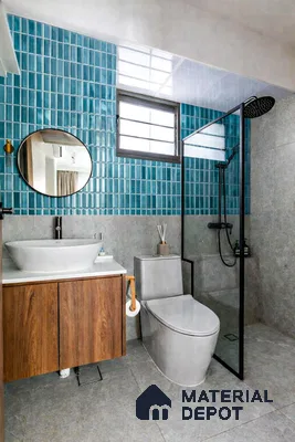 Modern bathroom with turquoise blue subway wall tiles, grey stone floor tiles, and wood laminate vanity